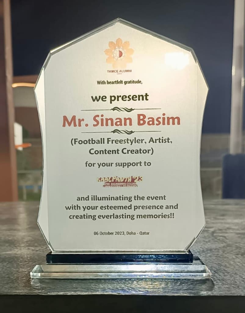 TKMCE Alumni recognition award presented to Sinan Basim, Doha, October 2023